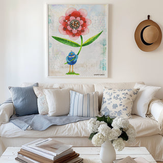 Red Wonder Wildflower Blue Bird Art Print - Bright Garden Home