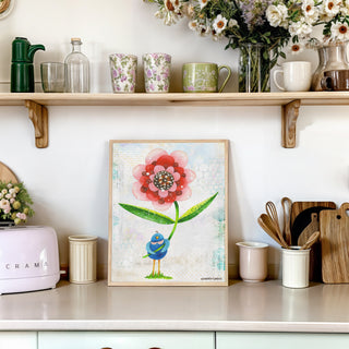 Red Wonder Wildflower Blue Bird Art Print - Bright Garden Home