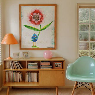 Red Wonder Wildflower Blue Bird Art Print - Bright Garden Home