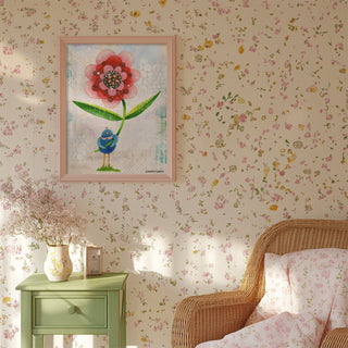 Red Wonder Wildflower Blue Bird Art Print - Bright Garden Home