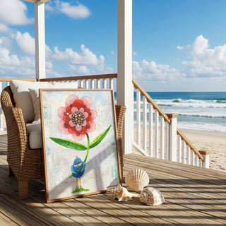 Red Wonder Wildflower Blue Bird Art Print - Bright Garden Home