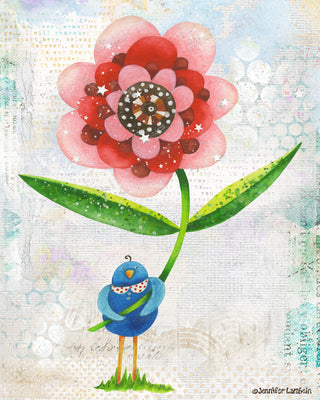 Red Wonder Wildflower Blue Bird Art Print - Bright Garden Home
