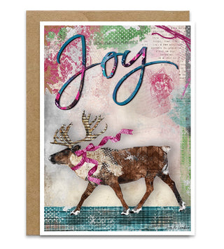 A Christmas Winter or holiday card with a whimsical reindeer on it that says Joy. Artwork by Jennifer Lambein. 