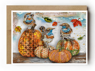 Sine Brightly Birds Greeting Card - Nature Fall Leaves And Pumpkins