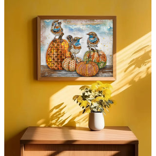 Birds Pumpkins & Autumn Leaves Art Print - Fall And Halloween Nature