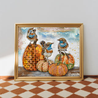 Birds Pumpkins & Autumn Leaves Art Print - Fall And Halloween Nature