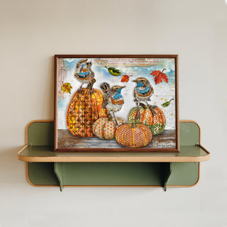 Birds Pumpkins & Autumn Leaves Art Print - Fall And Halloween Nature
