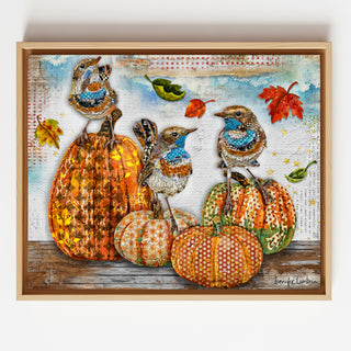 Birds Pumpkins & Autumn Leaves Art Print - Fall And Halloween Nature