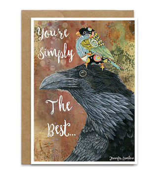 Card with a raven and smaller bird illustration and 'You're simply the best' text on a textured background.