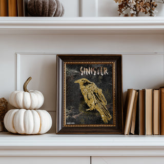 Sinister Raven Art Print - Black & Gold Halloween Crow