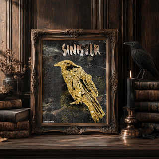 Sinister Raven Art Print - Black & Gold Halloween Crow