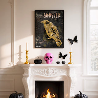 Sinister Raven Art Print - Black & Gold Halloween Crow