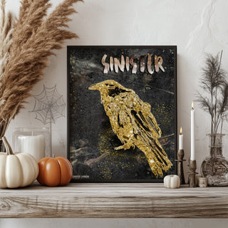 Sinister Raven Art Print - Black & Gold Halloween Crow