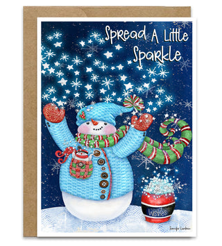 Sparkle Snowman Greeting Card - Winter Scene, Stars & Bird Art