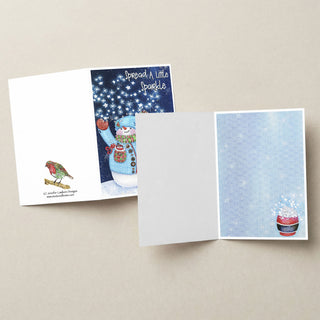 Sparkle Snowman Greeting Card - Winter Scene, Stars & Bird Art