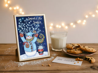 Sparkle Snowman Art Print - Winter Scene, Stars & Bird