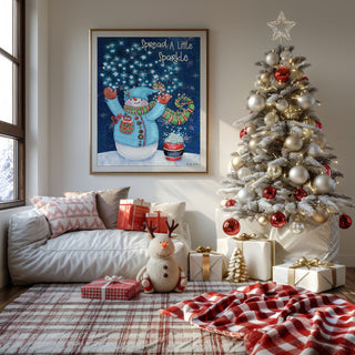 Sparkle Snowman Art Print - Winter Scene, Stars & Bird