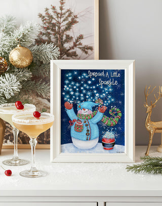 Sparkle Snowman Art Print - Winter Scene, Stars & Bird