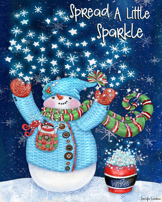 Sparkle Snowman Art Print - Winter Scene, Stars & Bird