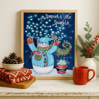 Sparkle Snowman Art Print - Winter Scene, Stars & Bird