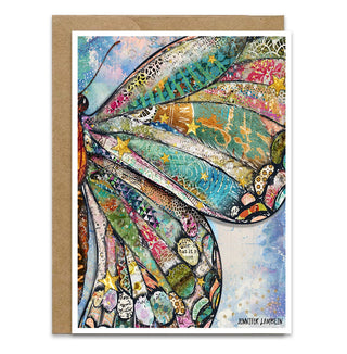 A colorful butterfly wing illustration on a starry sky background greeting card. Artwork by Jennifer Lambein. 