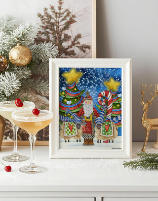 Starry Night Santa Art Print - Christmas Trees Stars & Birds