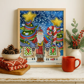 Starry Night Santa Art Print - Christmas Trees Stars & Birds