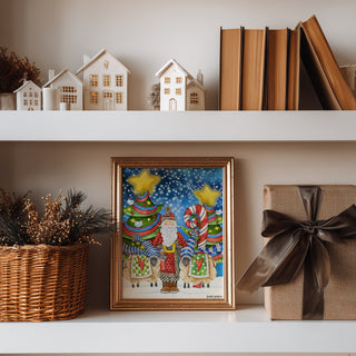 Starry Night Santa Art Print - Christmas Trees Stars & Birds