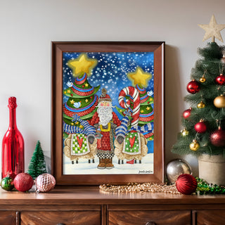 Starry Night Santa Art Print - Christmas Trees Stars & Birds