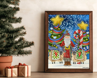 Starry Night Santa Art Print - Christmas Trees Stars & Birds