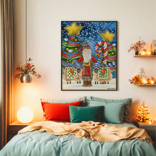 Starry Night Santa Art Print - Christmas Trees Stars & Birds
