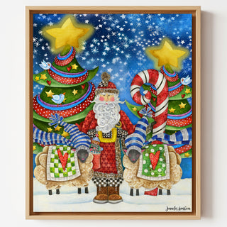 Starry Night Santa Art Print - Christmas Trees Stars & Birds