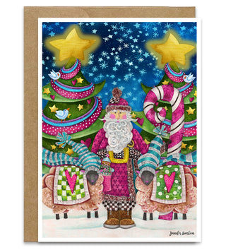 Starry Night Pink Santa Greeting Card - Christmas Trees, Stars & Birds