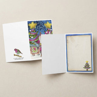 Starry Night Pink Santa Greeting Card - Christmas Trees, Stars & Birds