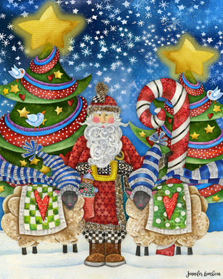 Starry Night Santa Art Print - Christmas Trees Stars & Birds