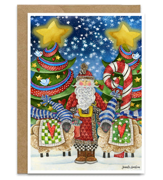 Starry Night Santa Greeting Card - Christmas Sheep, Stars & Birds