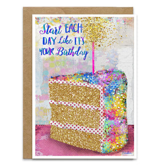 Greeting card with colorful cake illustration and motivational quote on a white background