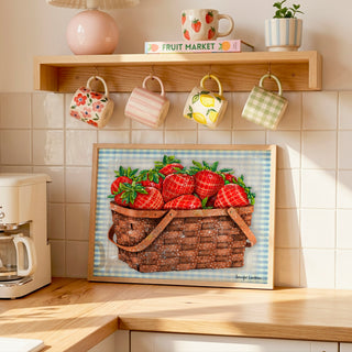 Strawberries Star Basket Art Print - Blue Gingham - Summer Fruit