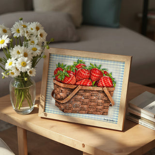 Strawberries Star Basket Art Print - Blue Gingham - Summer Fruit