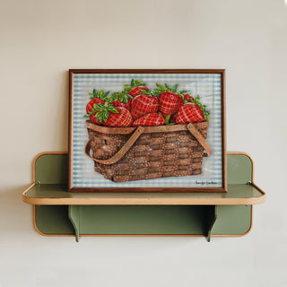 Strawberries Star Basket Art Print - Blue Gingham - Summer Fruit