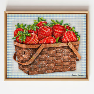 Strawberries Star Basket Art Print - Blue Gingham - Summer Fruit
