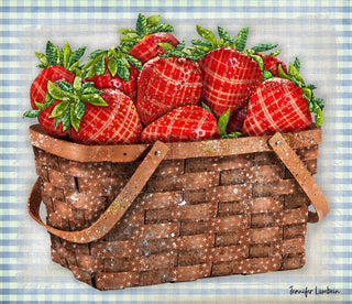 Strawberries Star Basket Art Print - Blue Gingham - Summer Fruit