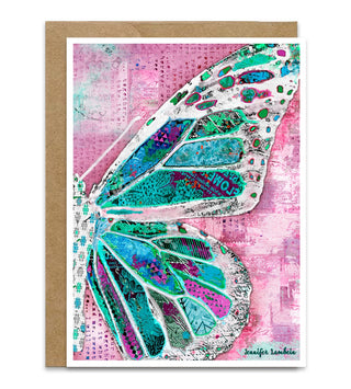 A greeting card with a bright teal, pink, green and white butterfly wing on a pink collage background. Artwork by Jennifer Lambein. 