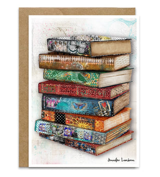 Stack of colorful butterfly books on a white background greeting card. Artwork by Jennifer Lambein
