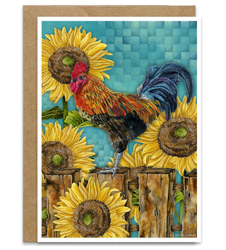 Sunflowers Rooster Greeting Card - Farmhouse Bird Art