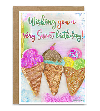A birthday greeting card with a kraft envelope, featuring three colorful ice cream cones and the text 'Wishing you a Very Sweet birthday!' on a pastel watercolor background. Artwork by Jennifer Lambein. 