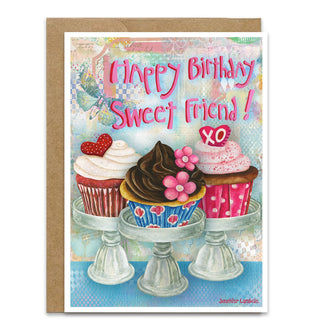 Birthday card with cupcakes and 'Happy Birthday Sweet Friend!' text on a white background