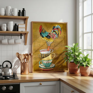 Tea Time Rooster Art Print - Watercolor Music Chicken Bird