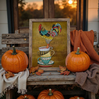 Tea Time Rooster Art Print - Watercolor Music Chicken Bird
