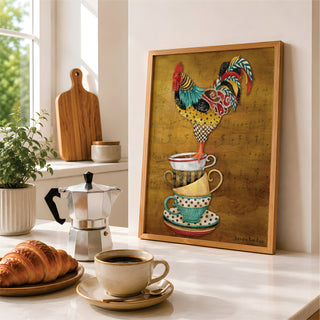 Tea Time Rooster Art Print - Watercolor Music Chicken Bird